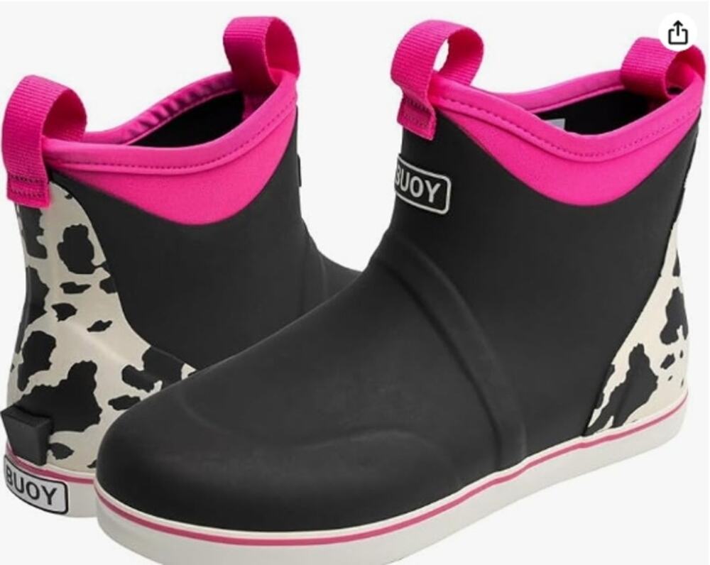 Women's Waterproof Deck Ankle Rain Boots Pink Cow Print Size 8 NEW w/ Box
